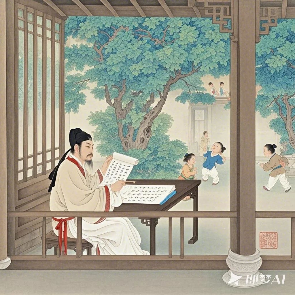 根据唐代诗人王贞白所作的《白鹿洞二首·其一》这首诗,绘制唐代时期王贞白读书的场景。四月份的白天,一名唐代30岁的男子在窗户边的桌上读书,窗外有绿树,有几个小孩子在玩耍。 (1).jpeg