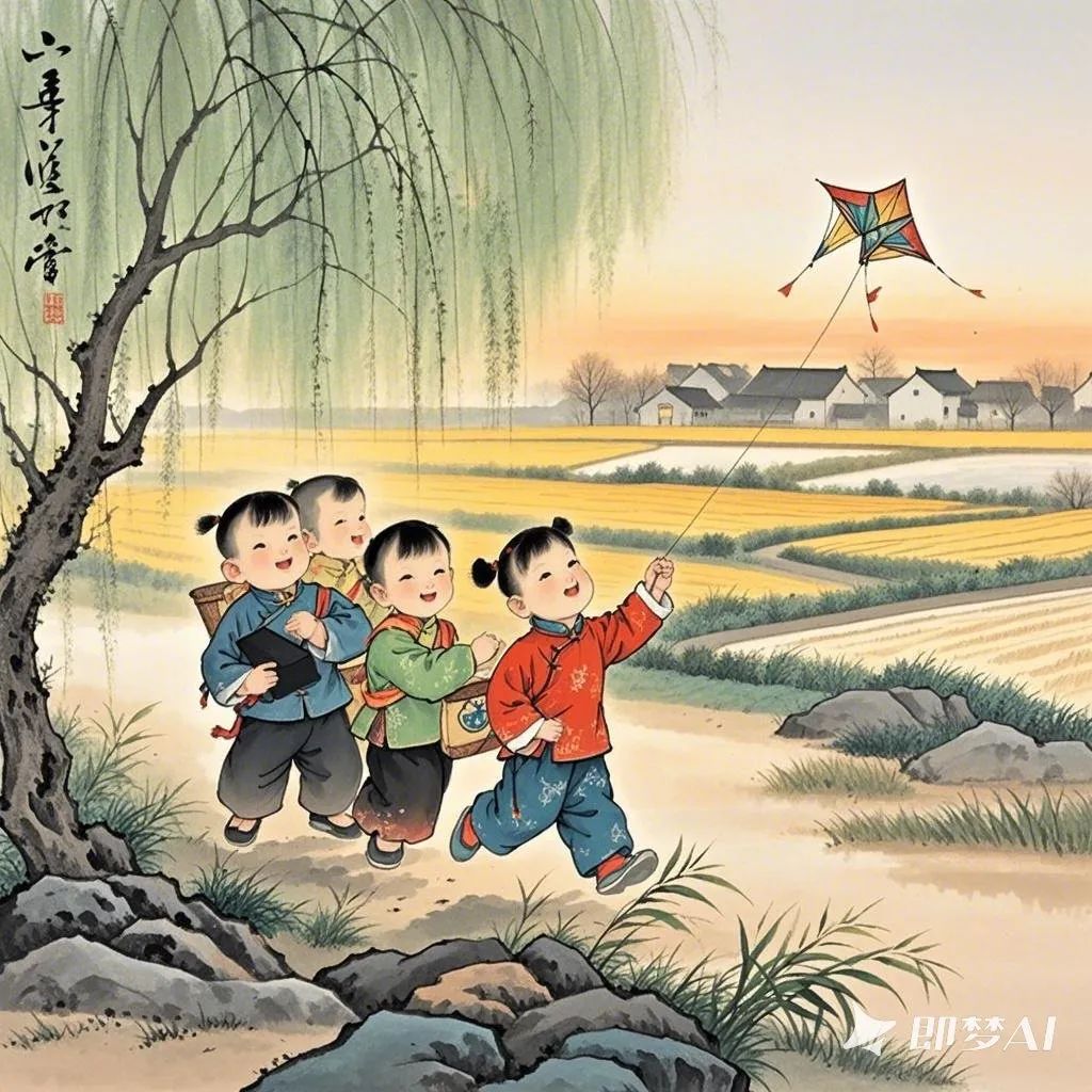 根据清代诗人高鼎《村居》这首诗绘制精美图片。清朝,二月份,傍晚、杨柳、三五个清朝的儿童背着书袋放风筝。 (1).jpeg